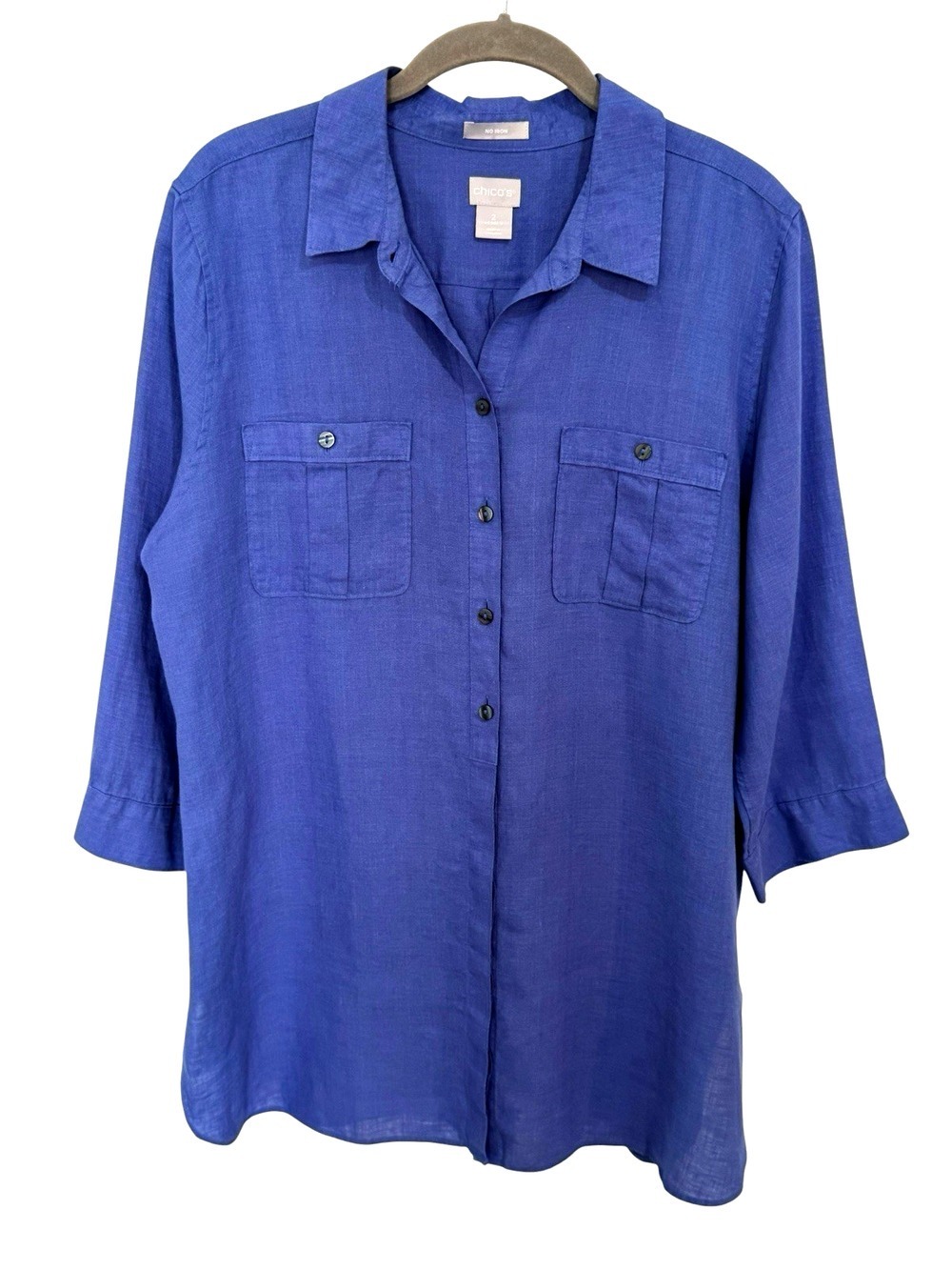 Chico's No-Iron Linen Button Up Top Size L (2) Blue Lagenlook Quiet Luxury